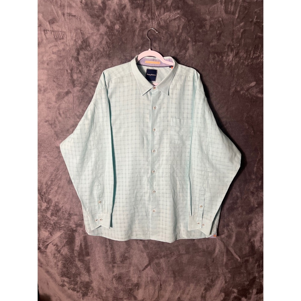 Tommy Bahama Mens 3XL Aqua Blue Linen Cotton Crosshatch Button Down Shirt